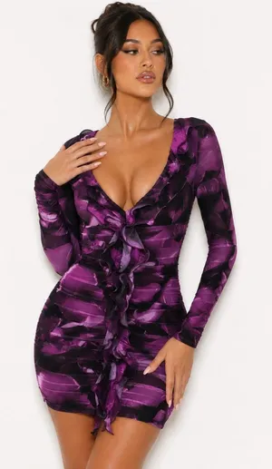 Oh Polly Long Sleeve Ruffle Detail Mini Dress in Multi Print purple Size 6 New thumbnail 1
