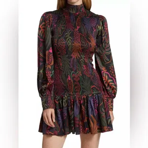 FARM Rio Frutis Dress Smocked Long Blouson Sleeve Drop Waist Multi Color Size XS thumbnail 12