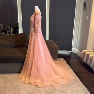 Women’s Pink Lace Appliqué Tulle Wedding Formal Prom Dress Leg Slit Size L NWOT thumbnail 7