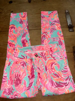 Lilly Pulitzer Floral Print Straight Leg Pants Pink Aqua Size 00 thumbnail 6
