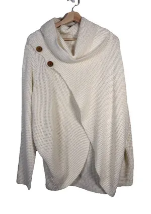 Kate and Sam Overlap Sweater Women’s L Ivory Cowl Neck Waffle Knit Cape Split‎ thumbnail 1