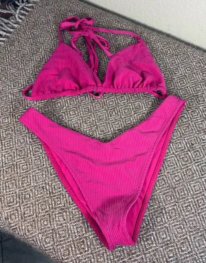Frankies Bikinis - Red Ribbed and Runched 2-Piece Bikini Sz M Sexy Vacay Beach thumbnail 1