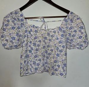 Blu Pepper Blue Floral Puff Sleeve Crop Top thumbnail 1