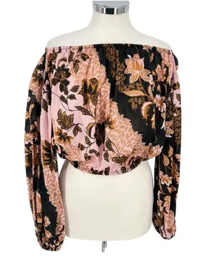 Vici Floral Boho Festival Off-Shoulder Puff Sleeve Blouse Pink Black Size Small thumbnail 1