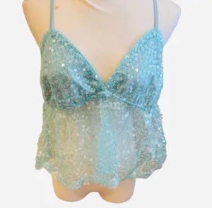 NWT Edikted Blue Sequin Sheer Babydoll Top Cami Tank Crop Top XL thumbnail 4