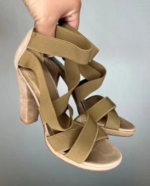 Stuart Weitzman Womens Beige Suede Elastic Strappy Block Heel Sandals Size 6 M thumbnail 1