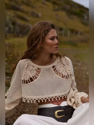 By Anthropologie Pearl Embellished Crochet Shrug Sweater Cream XS/S thumbnail 5