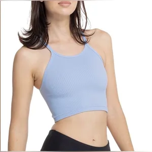 Free People Movement Happiness Runs Crop Ribbed High-Neck Tank Top - Light Blue thumbnail 1
