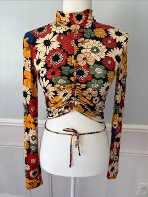 Bershka Floral Ruched Mock-Neck Long Sleeve Crop Top Tie Front Sz Med Retro thumbnail 2