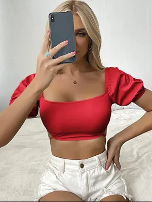 SheIn Puff Sleeve Tied Backless Crop Top thumbnail 5