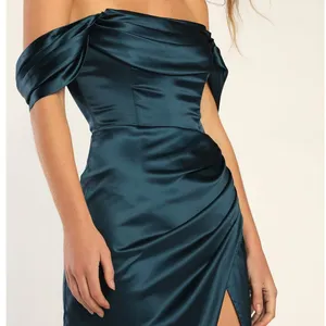 NEW Lulus Stunning Arrival Dark Teal Satin Off-the-Shoulder Maxi Gown Dress thumbnail 3