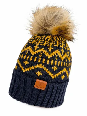 Ariat Beanie Fair Isle Fleece Lined Faux Fur Pom Knit Navy Yellow Warm Outdoor thumbnail 1