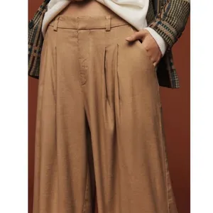 Anthropologie Avery Pleated Wide Leg Trousers‎ Linen Edition Khaki Womens Size L thumbnail 4