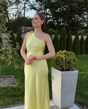 Zara maxi dress satin effect formal wedding asymmetrical lemon yellow wedding thumbnail 6