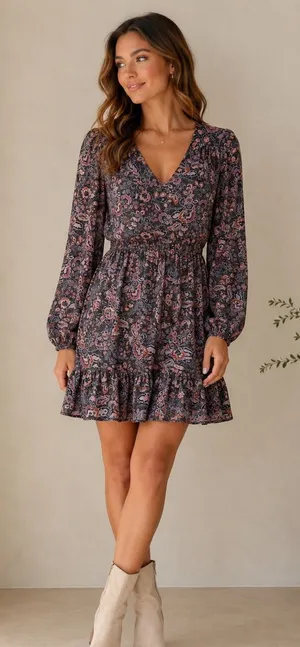 Evereve Olympia Black Purple Floral Dress Long Sleeve Ruffle Boho Womens Small thumbnail 1
