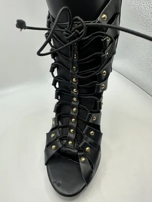 Black Studded Strappy Lace Up Stiletto Heel Ankle Booties Open Toe 6 Rocker Glam thumbnail 7