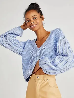 FREE PEOPLE When It Rains Vneck Cotton Blue Sweater Pullover Top thumbnail 1