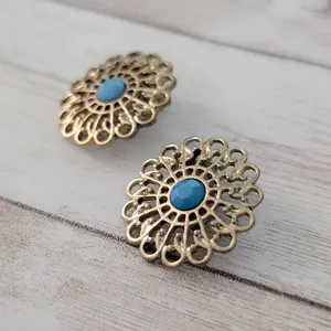 Vintage Clip On Earrings Ornate Gold Tone with Turquoise Tone Center Large thumbnail 3