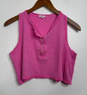 Aerie‎ Pink Waffle Knit Henley Tank Top Cropped Sleeveless Thermal Small thumbnail 1