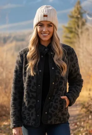 Member's Mark Charcoal Gray Black Leopard Cozy Sherpa Snap Front Jacket Small thumbnail 1