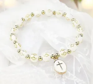 White Stylish Elastic Beaded Cross Charm Bracelet‎ Enamel Oval Cross Beaded thumbnail 1