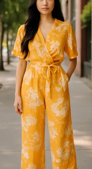 NWT FAVLUX Fashion silky/Chiffon Fabric Yellow Floral Jumpsuit thumbnail 1