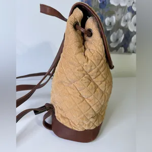 LL Bean Tan Corduroy and Lather Backpack Purse thumbnail 9
