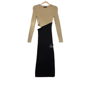 Lulus Beige Black Colorblock Ribbed‎ Cutout Long Sleeve Midi Dress Small NWT thumbnail 2
