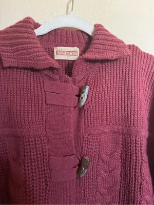 Vintage Chunky Cable-Knit Wool Toggle Sweater Jacket Brick Red NEW Cabincore thumbnail 2