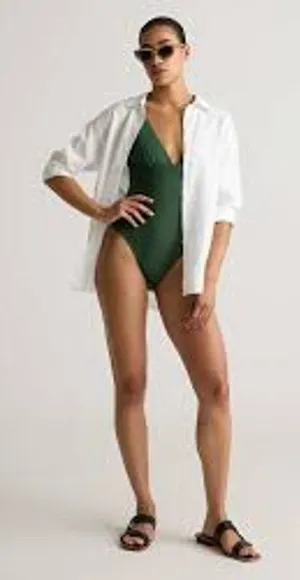 QUINCE Italian Plunge One Piece Swimsuit MINIMALIST NWT Palm Green Size Medium M thumbnail 1