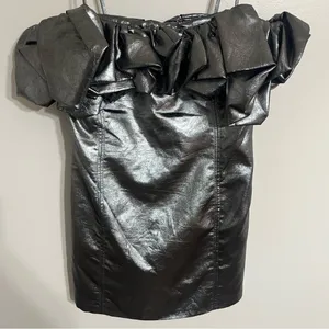 Zara Metallic‎ Silver Ruffle Off Shoulder Mini Dress NWT Size M Party Night Out thumbnail 2