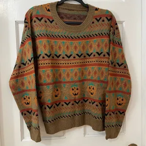 ROMWE Pumpkin Halloween Sweater Womens S Relaxed Fit Brown Fair Isle Spooky Fall thumbnail 1