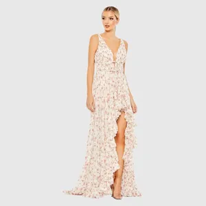MAC DUGGAL White Multicolor Floral Print Sleeveless Ruffled High-Low Gown thumbnail 3