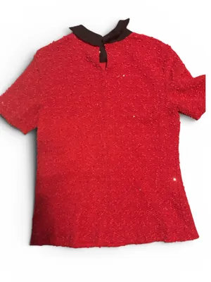 Elle Red Short-Sleeve Knit Top with Black Pearl Collar thumbnail 2