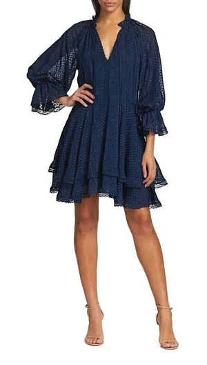 Alice+ Olivia Joanne Tiered Handkerchief Hem Dress Sapphire Blue‎ Lace Trim sz 2 thumbnail 1