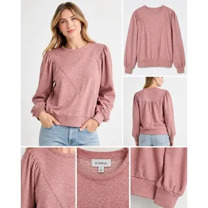 Evereve Womens Puff Sleeve Sweatshirt Heathered Pink‎ Chevron Seam Small thumbnail 2