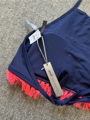 aerie Navy High-Neck Bikini Top with Coral Fringe | Size Medium (New $34.95) thumbnail 7