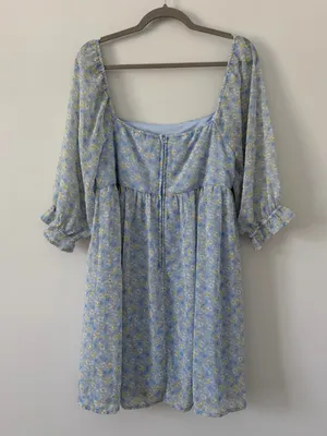 Altar’d State Light Blue Yellow Floral Square Neck Puffed Sleeve Baby Doll Dress thumbnail 6