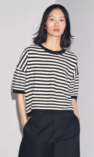Zara 100% Wool Striped Short Sleeve Sweater in Navy and White thumbnail 1