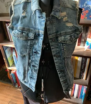 Silver distressed Bikercore normcore moto M denim vest thumbnail 1