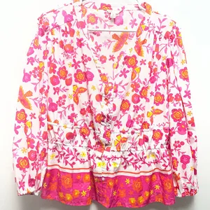 floral long sleeve button down top in vibrant pink, orange, and yellow hues thumbnail 1