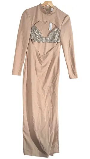 NEW Asos Design Womens Sz 6 Beige High Neck Cut Out Sequin Holiday Winter Dress thumbnail 1