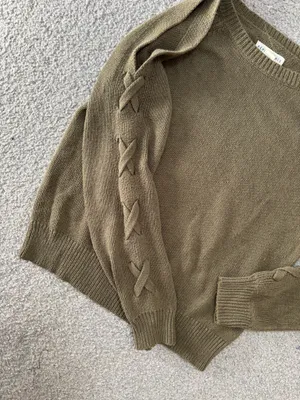 Aeropostale Olive Cold Shoulder Lace-Up Sleeve Crewneck Sweater thumbnail 4