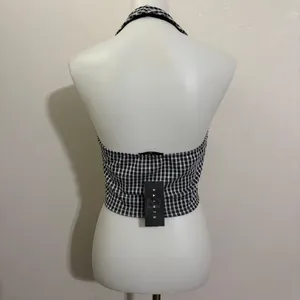 21 Saints Halter Crop Top L Black White Houndstooth Backless V-Neck Mod Summer thumbnail 5