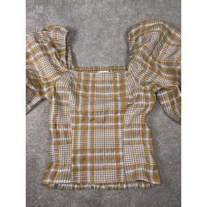 Anthropologie Maeve Plaid Square-Neck Blouse bohemian-style Xs Puff Sleeve thumbnail 4