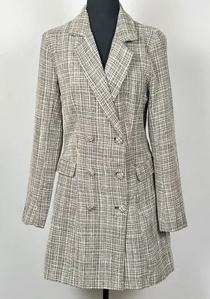 Lulus Double Breasted Tweed Coat Womens Medium Wool Blend‎ Brown Plaid Academia thumbnail 1