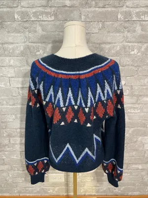 Sundry Navy Fair Isle Crewneck Sweater with Red and Royal Blue Accents thumbnail 4