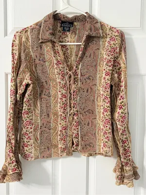 Angie Beige Floral Lace-Up Blouse thumbnail 1