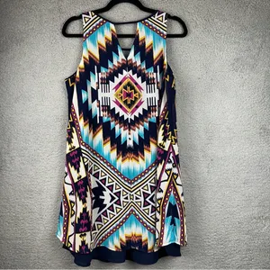 xhilaration Dress Womens Large Blue Multicolor Aztec Tribal Western Whimsical thumbnail 4