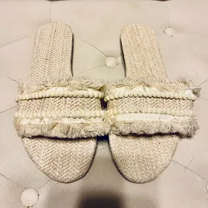 Fringe Straw Boho Sandals Open Toe Slides White Size 6 thumbnail 5